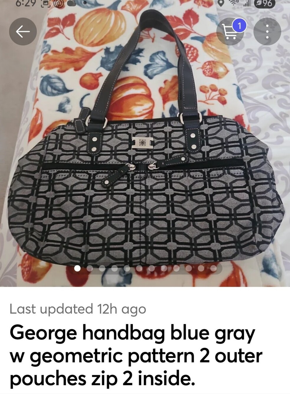 George STYLE handbag Blue Gray Geometric Pattern Faux Leather Handles Silver